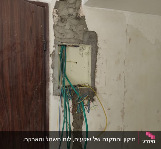 חוטי חשמל צבעוניים יוצאים מקופסת חשמל בקיר